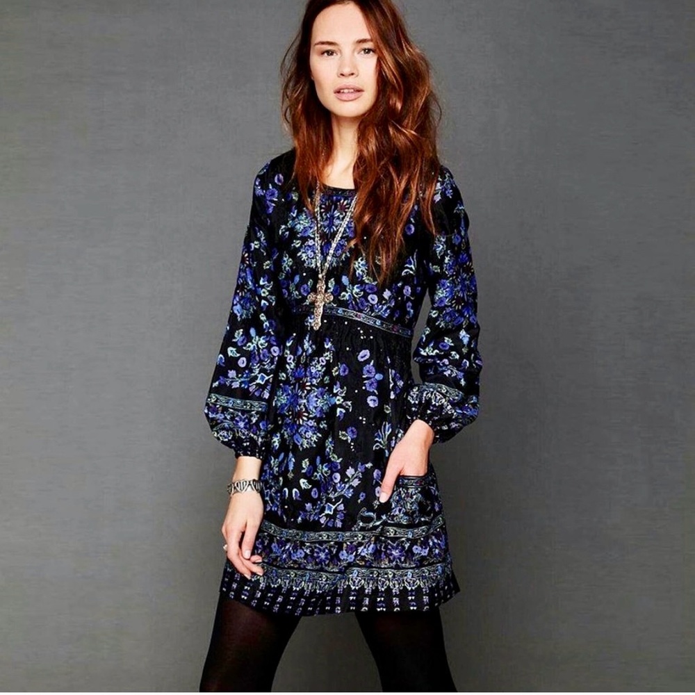 Free People Sequin Matroyshka Russian Doll Tunic Dress Sz 8 Black Embroidered - Picture 3 of 10